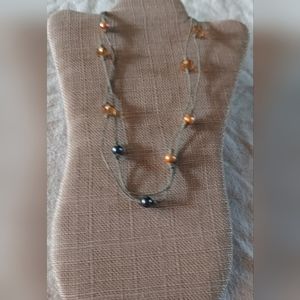 Handmade Orange Bead,Peacock & Peach Pearl & Gray Leather Necklace